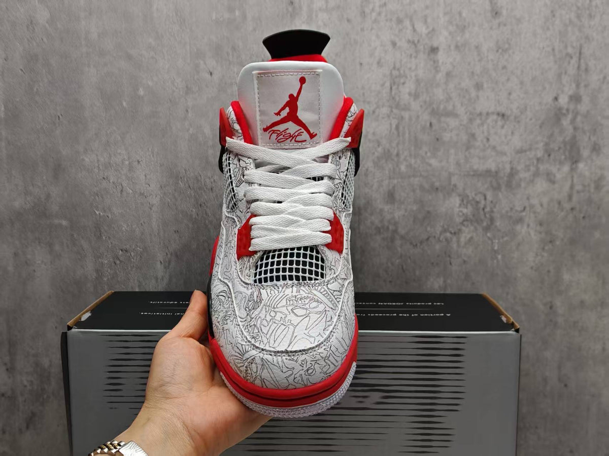 AJ4 White, Red & Black Graphic Sneakers