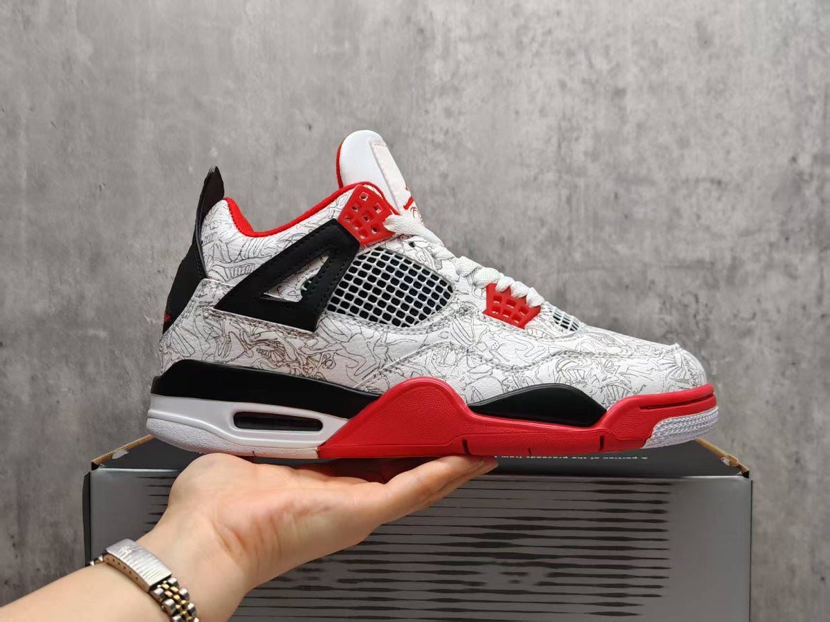 AJ4 White, Red & Black Graphic Sneakers