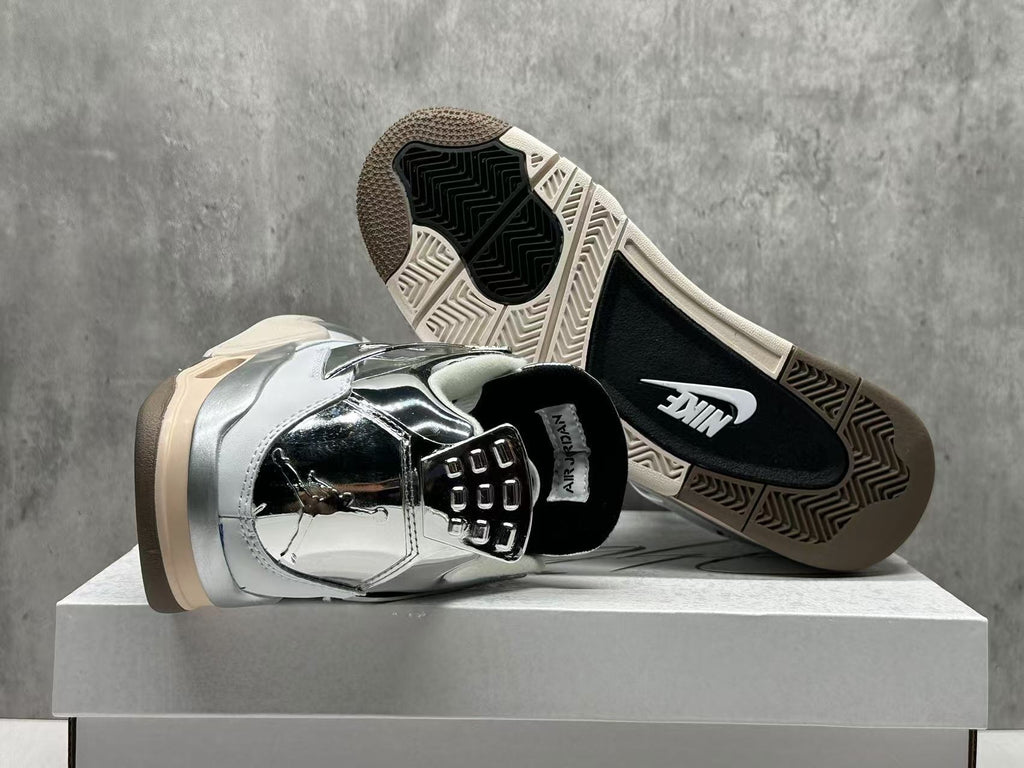 AJ4 White & Metallic Silver Sneakers