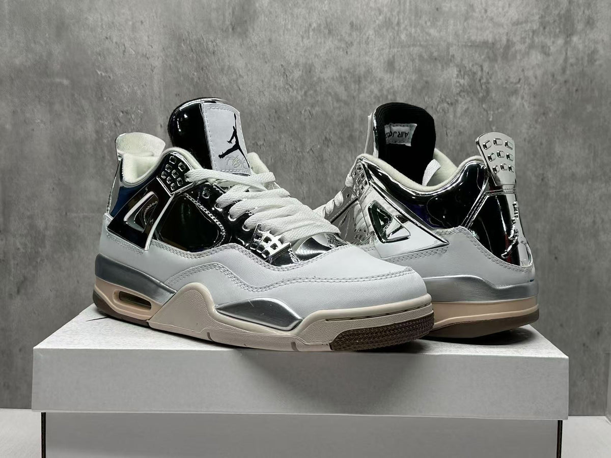 AJ4 White & Metallic Silver Sneakers