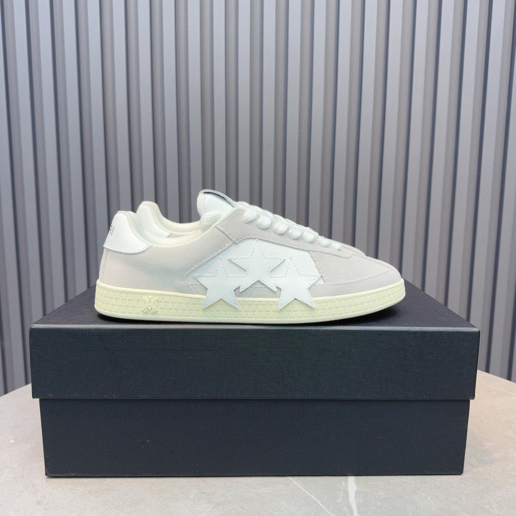 AMIRI Light Grey Low-Top Sneakers with White Stars and Cream Sole