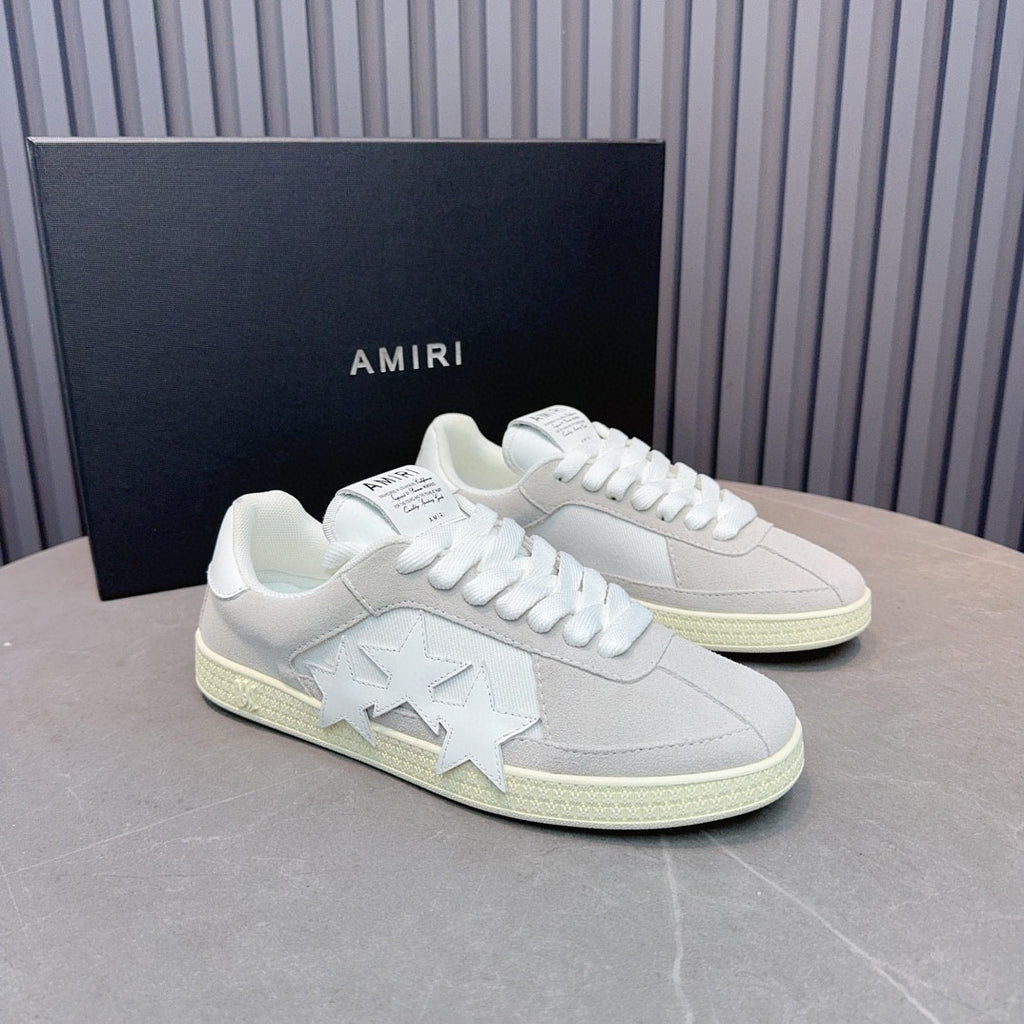 AMIRI Light Grey Low-Top Sneakers with White Stars and Cream Sole