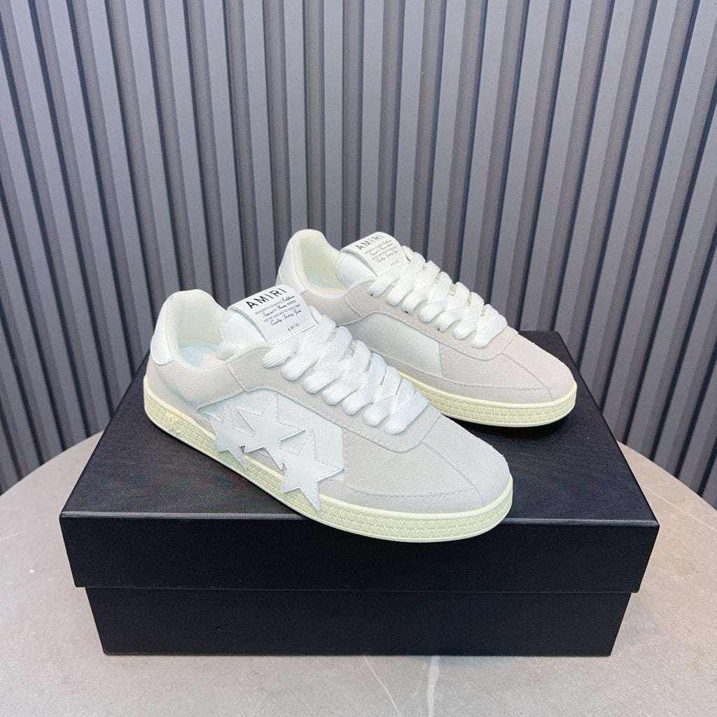 AMIRI Light Grey Low-Top Sneakers with White Stars and Cream Sole