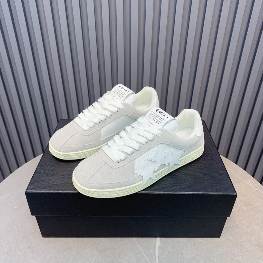 AMIRI Light Grey Low-Top Sneakers with White Stars and Cream Sole