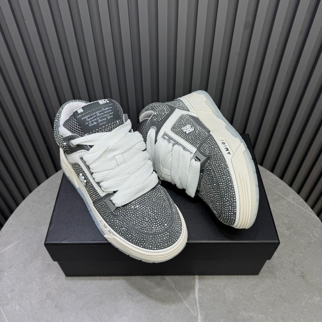 AMIRI Grey and White Embellished Sneakers with Chunky Sole