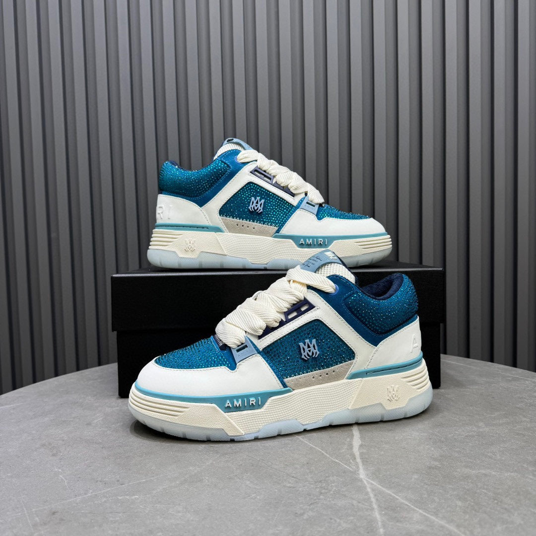 AMIRI Teal and White Embellished Sneakers with Chunky Sole