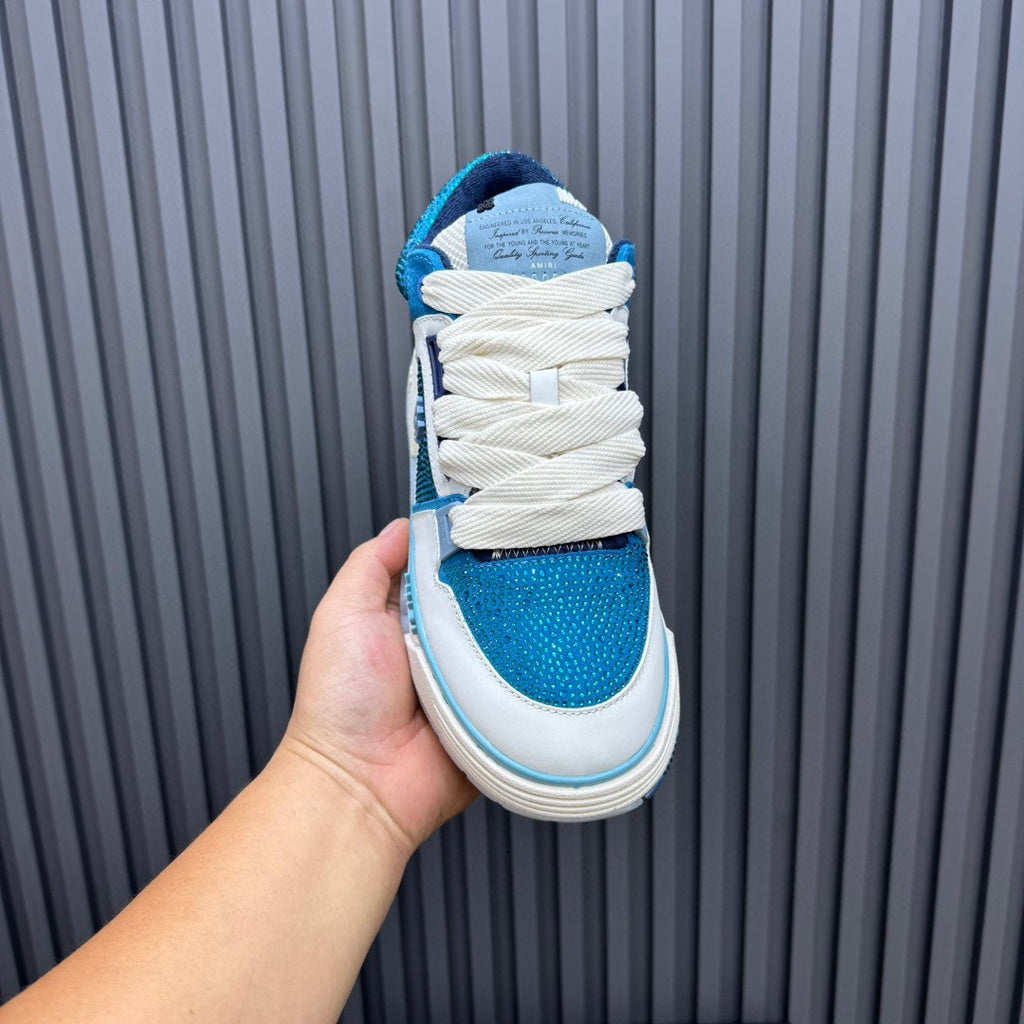 AMIRI Teal and White Embellished Sneakers with Chunky Sole
